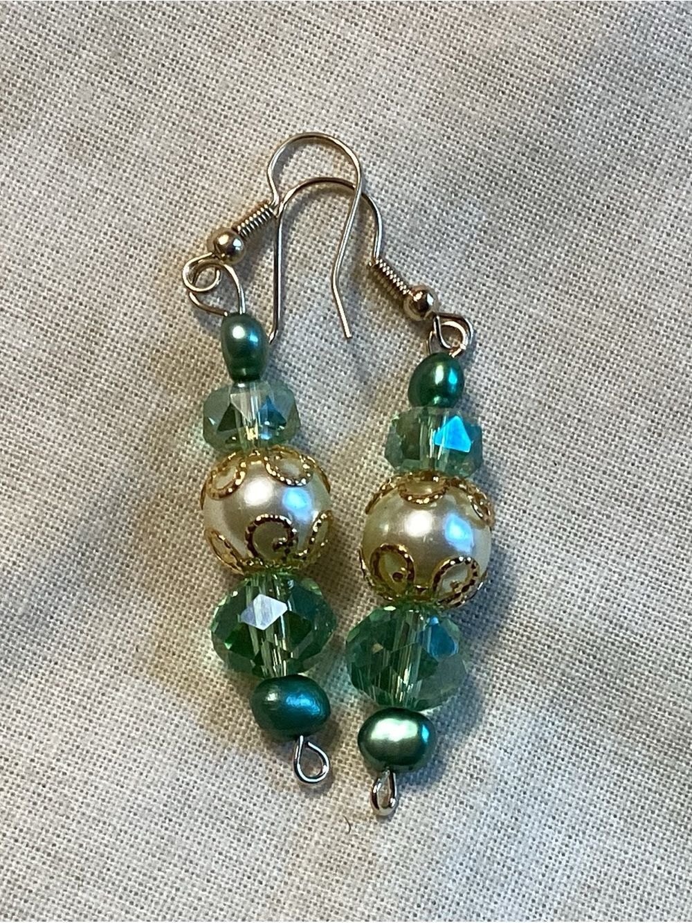 Green Pearl & AB Crystal Drop Earrings on Gold Tone Fish Hook Wires